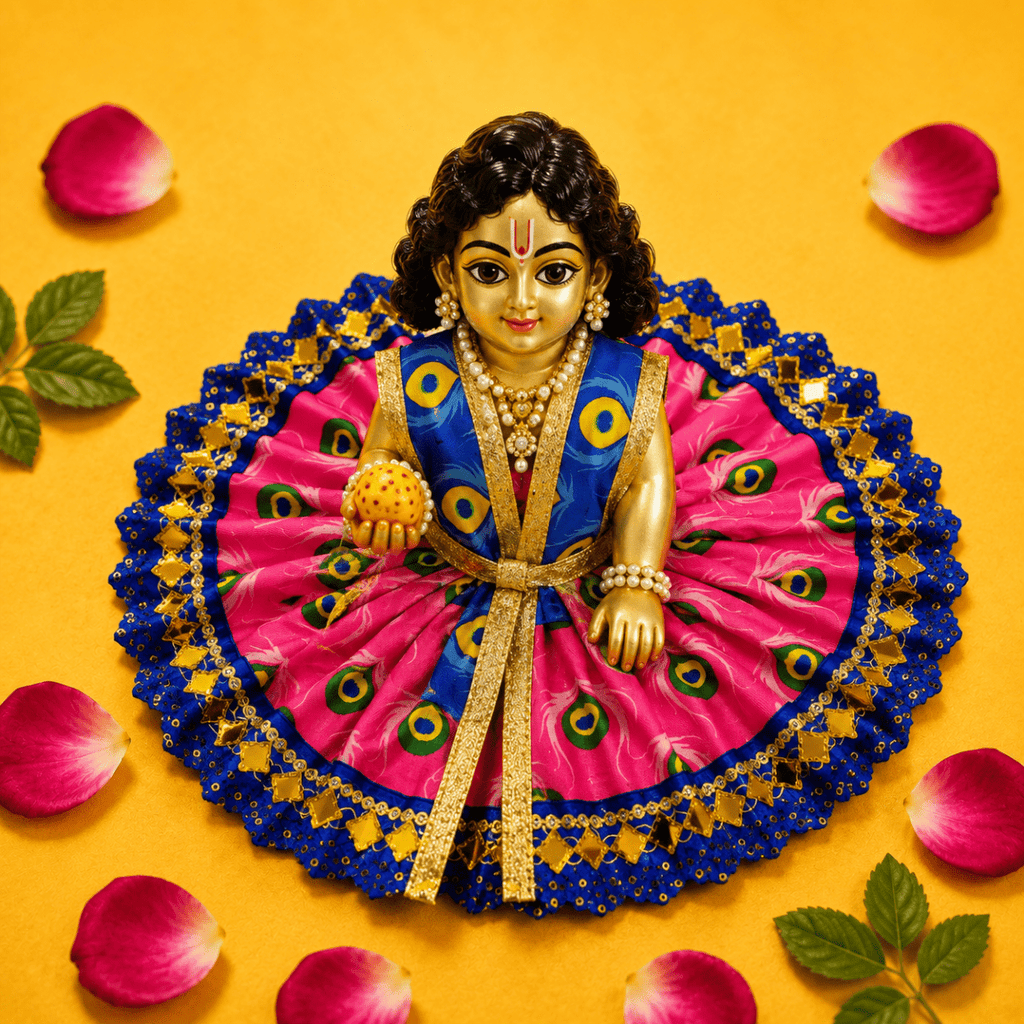 Mor Pankh Print Laddu Gopal Poshak Set with Choli - Pink & Blue (Size 5) - JalanJi