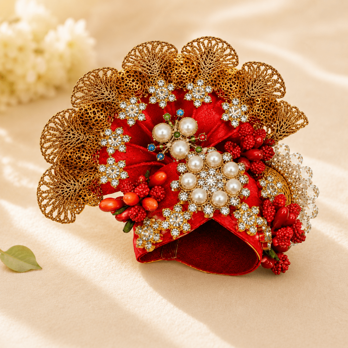 Orange Pearl & Crystal Embellished - Laddu Gopal Mukut - JalanJi