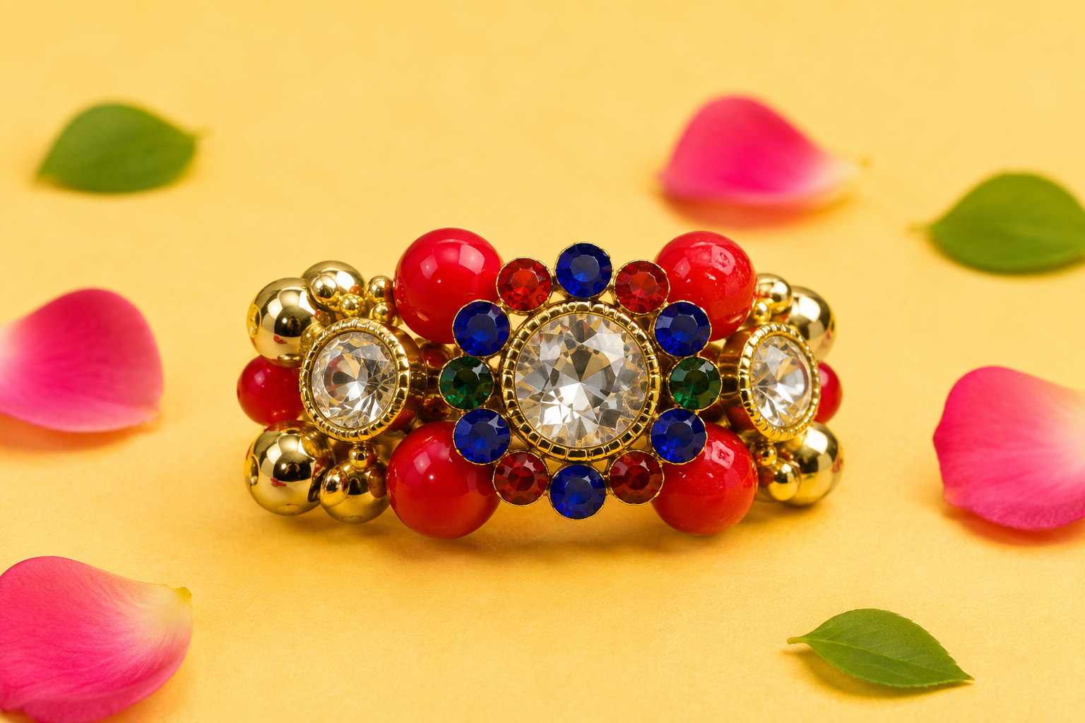 Rhinestone Beaded Open Cuff Kada for Kanha Ji - Orange & Gold (Size 2) (1 pair)