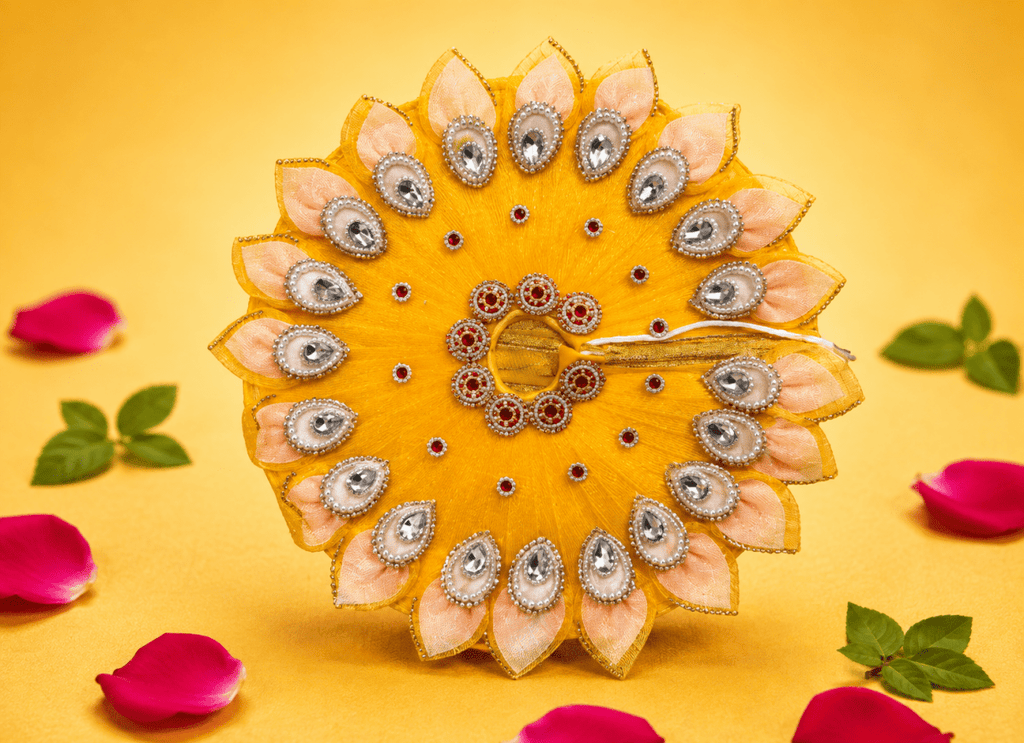 Peach Petal Border Kundan Laddu Gopal Poshak - Yellow (Size 5) - JalanJi