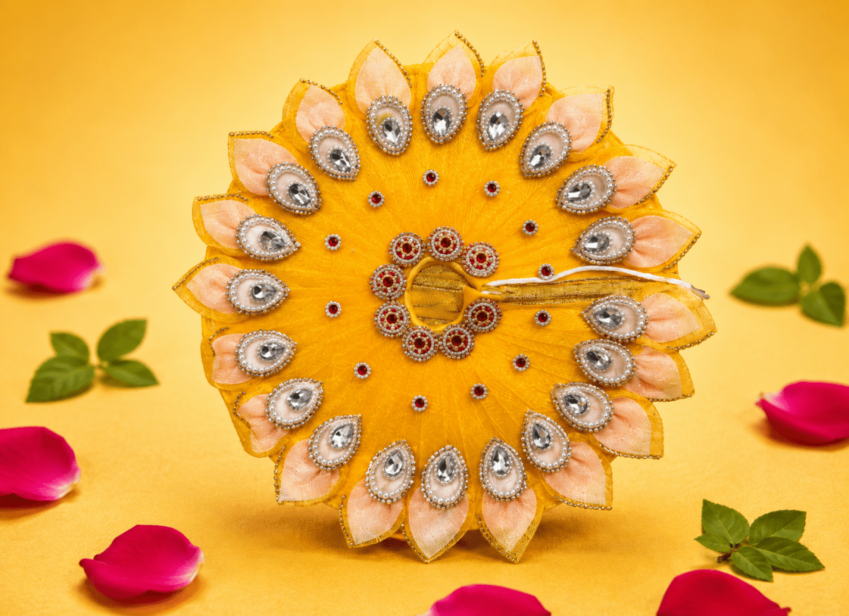 Peach Petal Border Kundan Laddu Gopal Poshak - Yellow (Size 5) - JalanJi