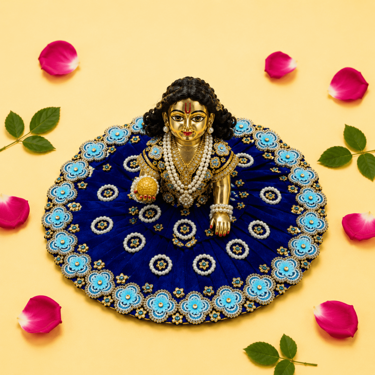 Pearl Floral Border Laddu Gopal Poshak - Royal Blue (Size 6) - JalanJi