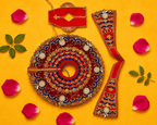 Pearl Work Laddu Gopal Poshak Set with Patka - Maroon & Orange (Size 5) - JalanJi