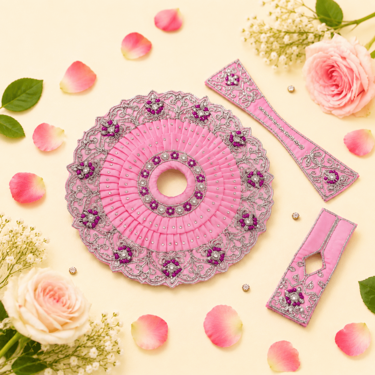 Pink Crystal Embroidered Ladoo Gopal Poshak Set – Flat Lay - JalanJi