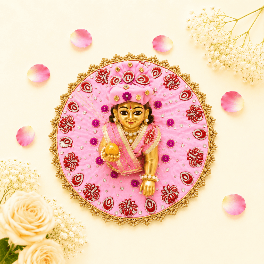 Pink & Maroon Floral Mirror Work Ladoo Gopal Poshak Set - JalanJi