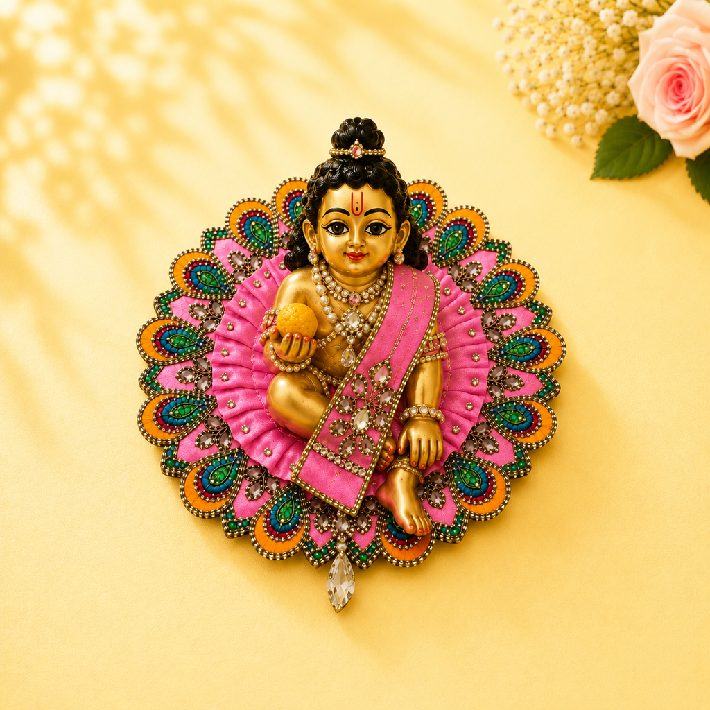 Heavy Motif Pink Silk Poshak Set for Laddu Gopal (with Choli & Patka)