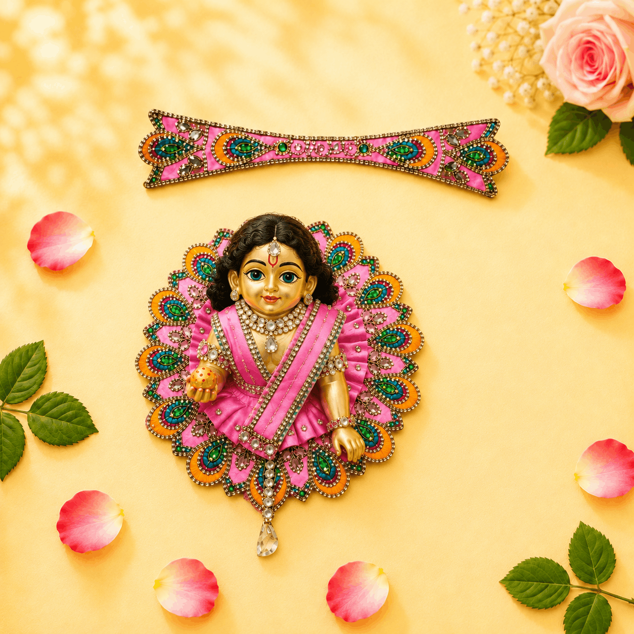 Heavy Motif Pink Silk Poshak Set for Laddu Gopal (with Choli & Patka)