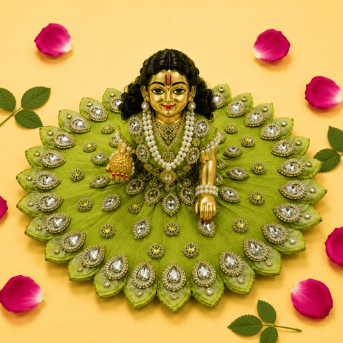 Pleated Petal Kundan Laddu Gopal Poshak - Pista Green (Size 6) - JalanJi