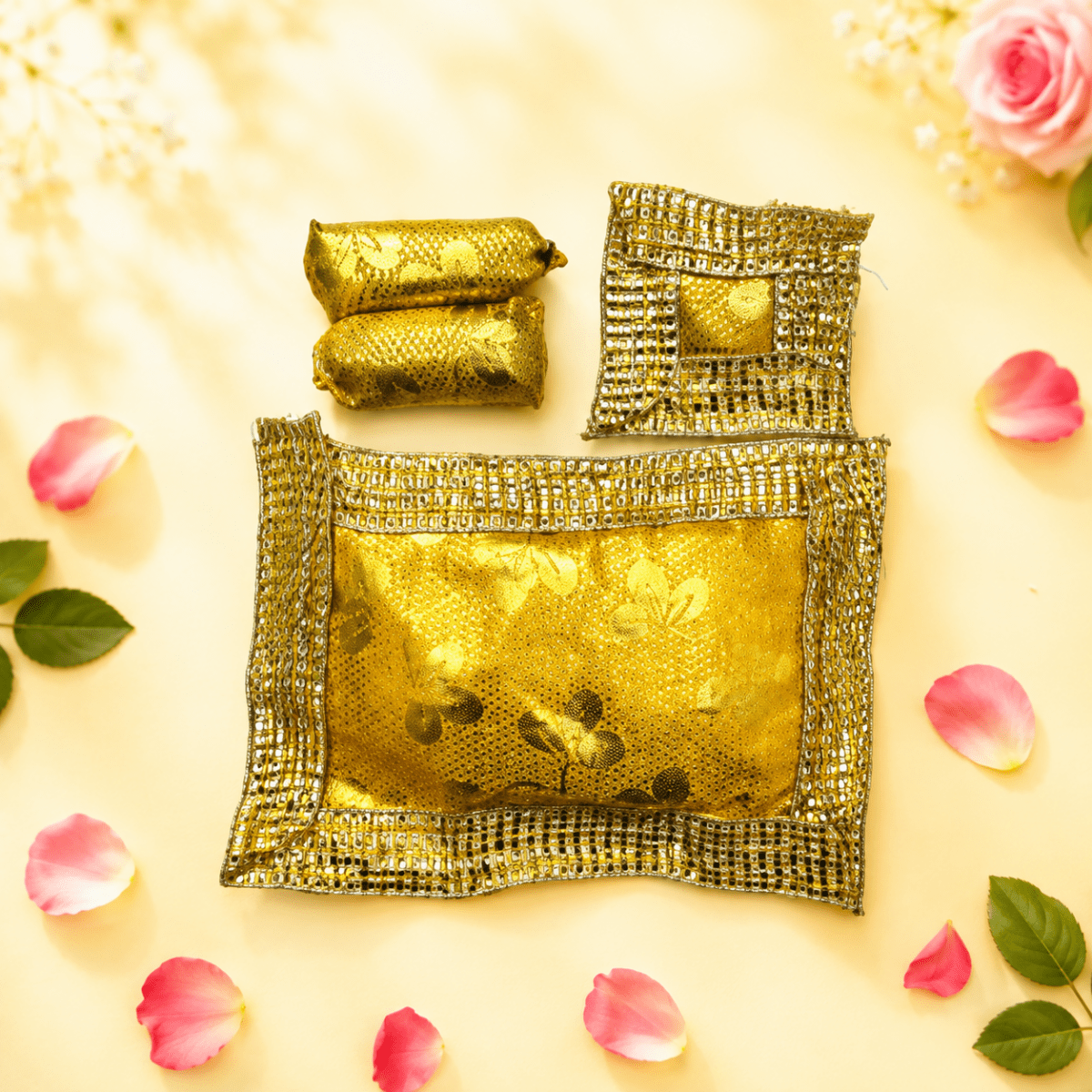 Premium Golden Brocade Laddu Gopal Bedding Set with Shimmering Lace - JalanJi