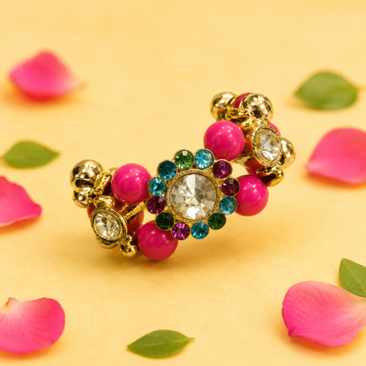 Rhinestone Beaded Open Cuff Kada for Kanha Ji - Pink & Gold (Size 2) (1 pair) - JalanJi