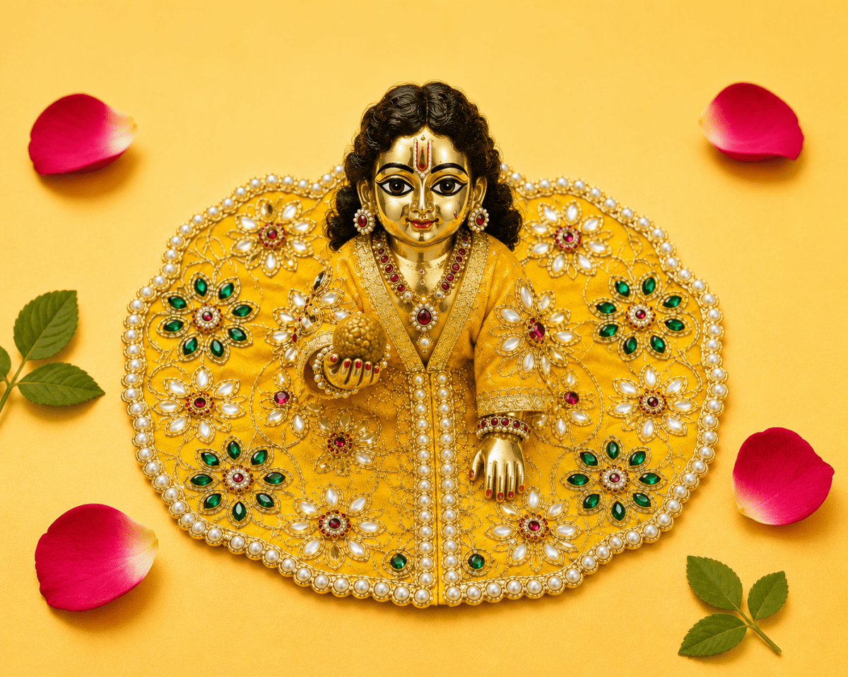 Silk Pearl & Emerald Floral Laddu Gopal Poshak Set with Choli - Yellow (Size 4) - JalanJi