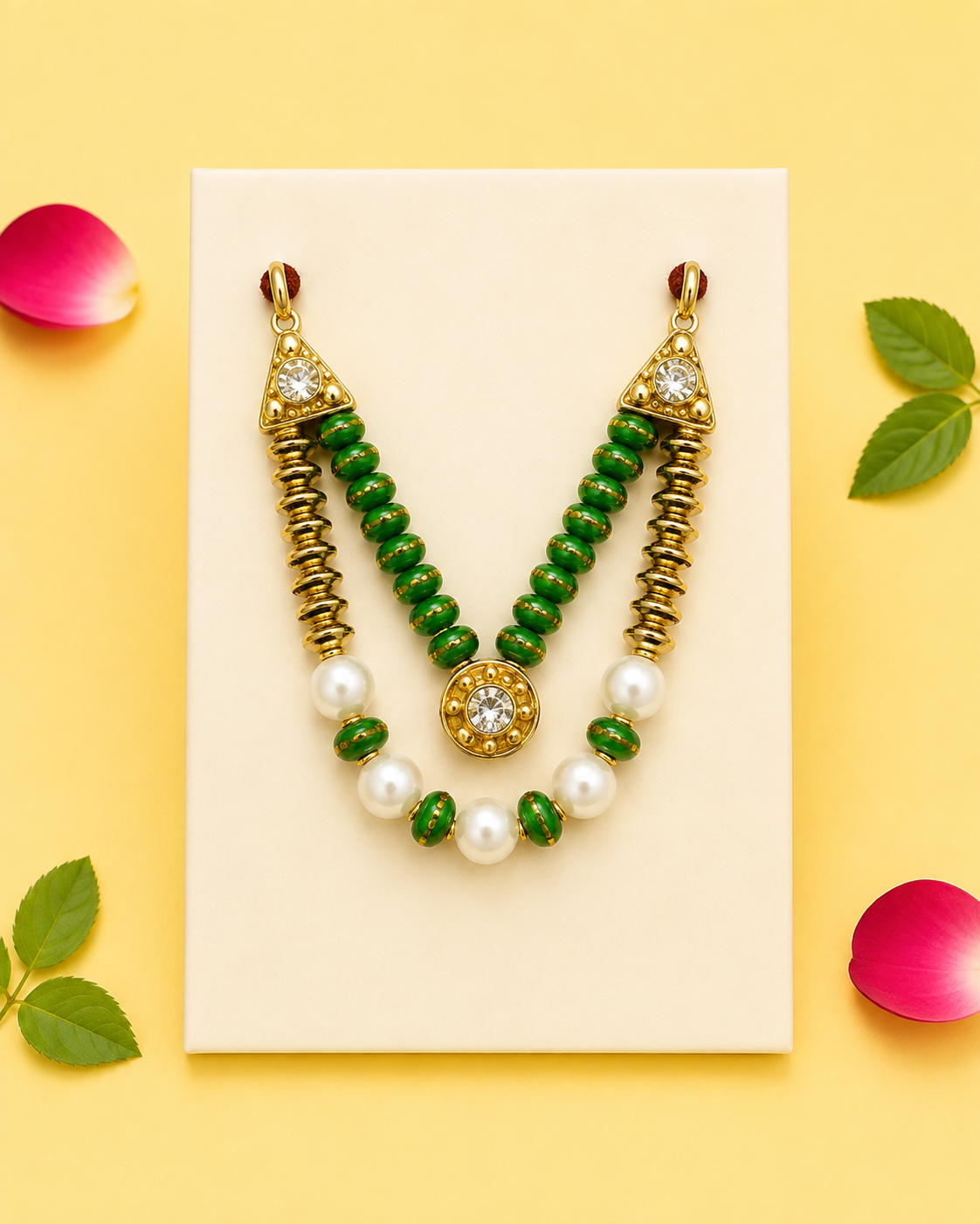 Layered Pearl Drop Kanha Ji Mala - Green & Gold
