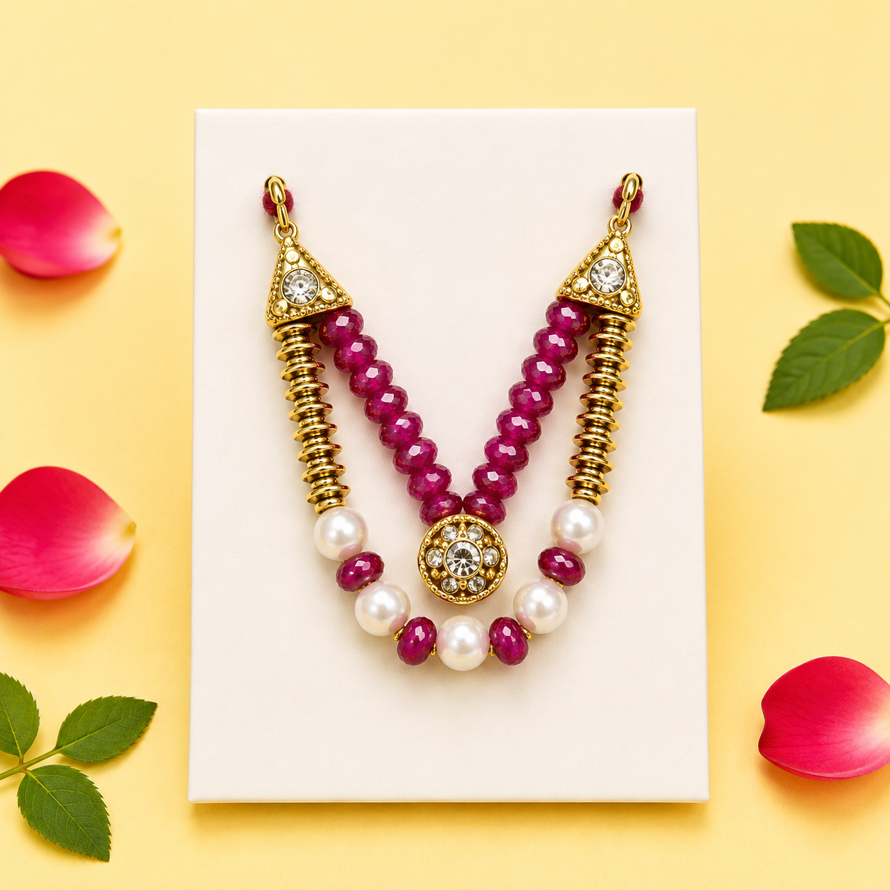 Layered Pearl Drop Kanha Ji Mala - Magenta & Gold