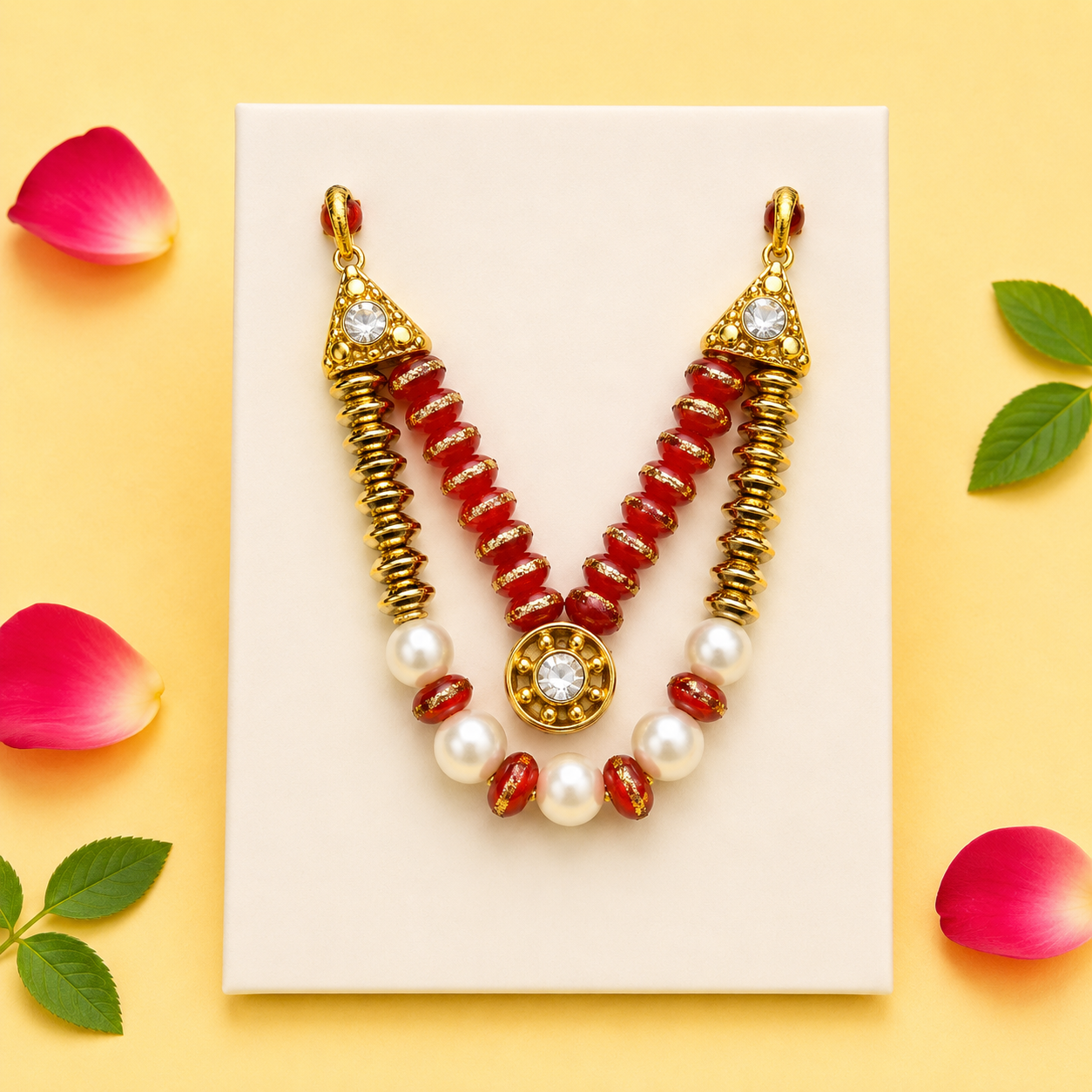 Layered Pearl Drop Kanha Ji Mala - Orange & Gold