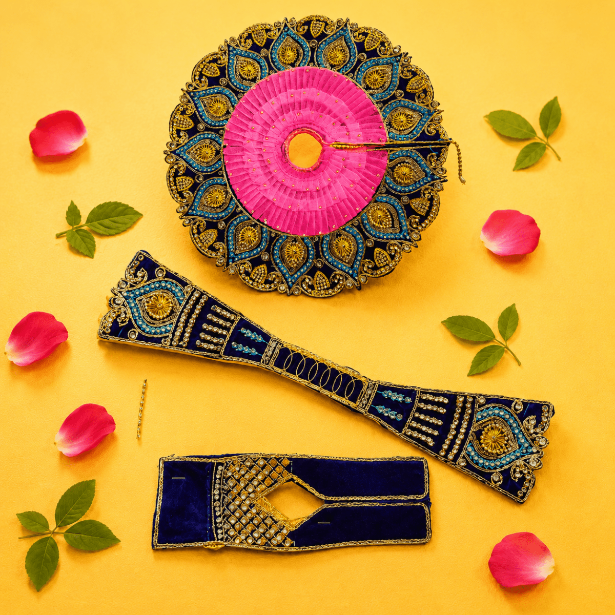 Teardrop Kundan Laddu Gopal Poshak Set with Patka & Choli - Deep Blue & Pink (Size 6) - JalanJi
