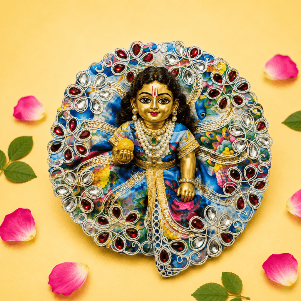 Vibrant Light Blue Multicolor Printed Laddu Gopal Poshak with Heavy Red Stone Work - JalanJi