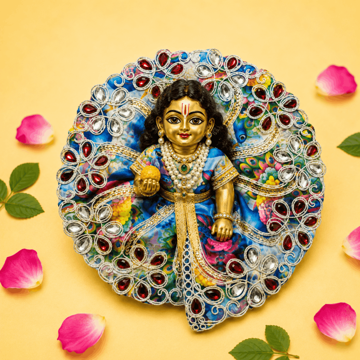 Vibrant Light Blue Multicolor Printed Laddu Gopal Poshak with Heavy Red Stone Work - JalanJi