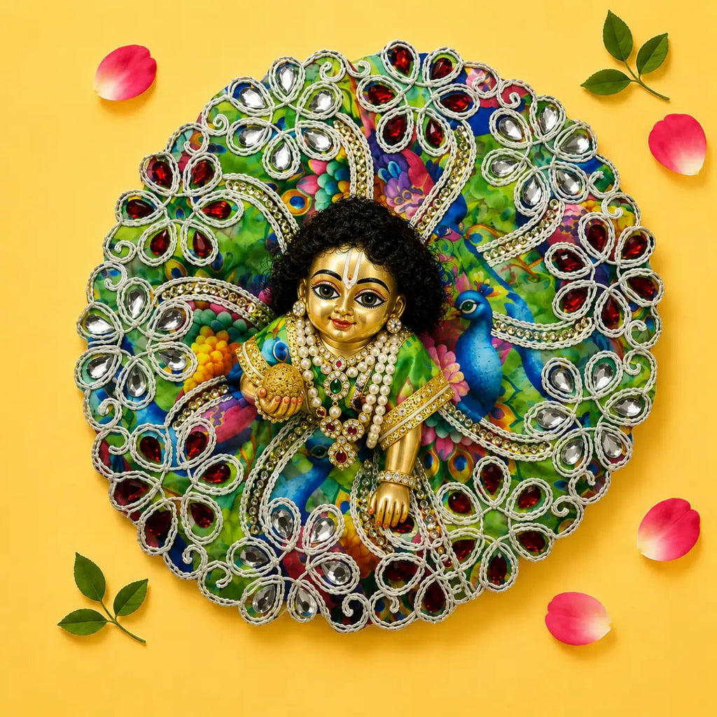 Vibrant Multicolor Printed Laddu Gopal Poshak with Heavy Floral Stone Work - JalanJi