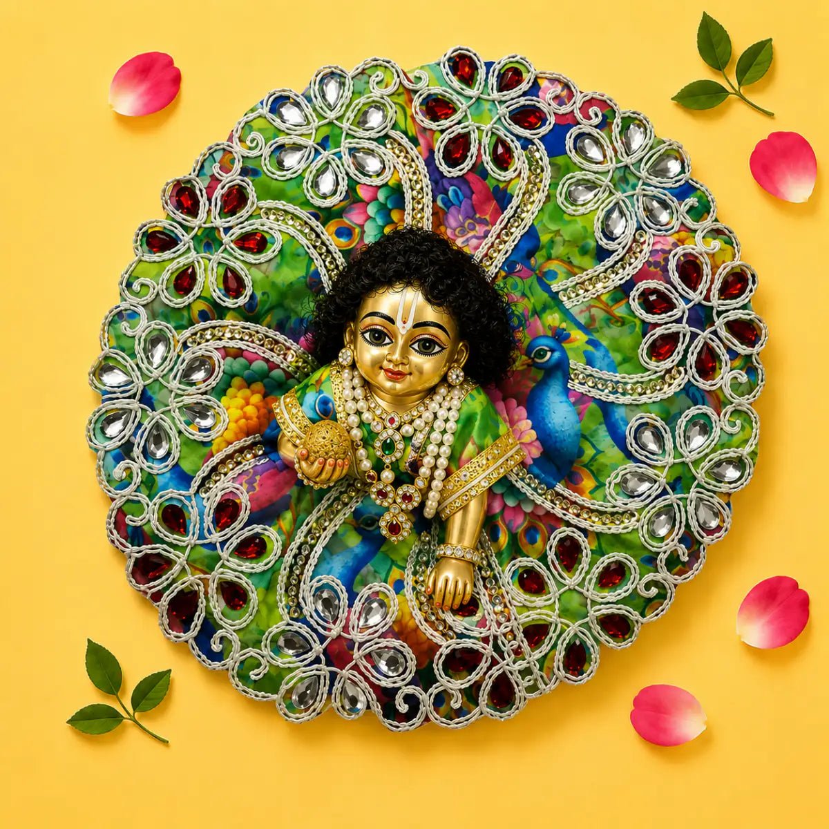Vibrant Multicolor Printed Laddu Gopal Poshak with Heavy Floral Stone Work - JalanJi