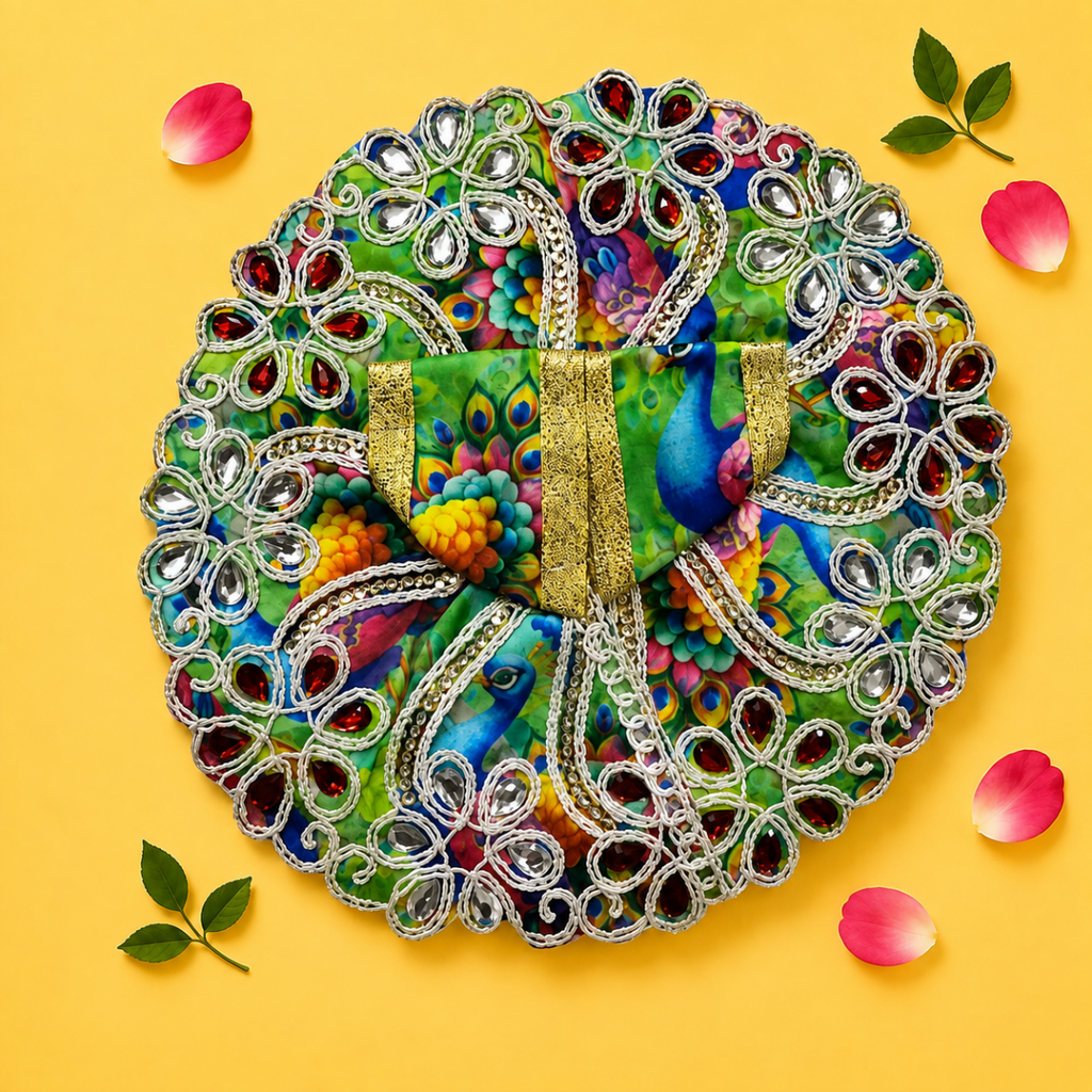 Vibrant Multicolor Printed Laddu Gopal Poshak with Heavy Floral Stone Work - JalanJi