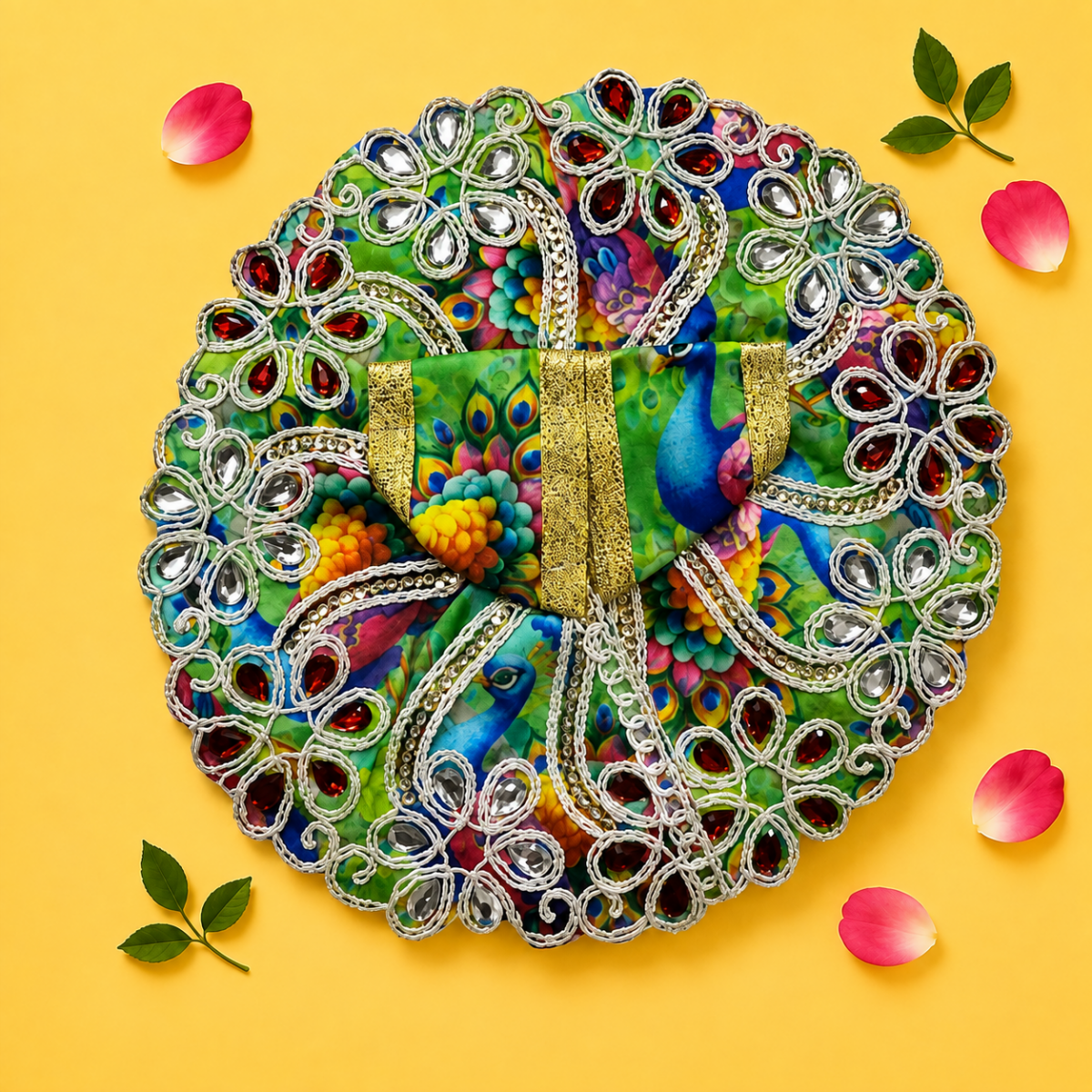 Vibrant Multicolor Printed Laddu Gopal Poshak with Heavy Floral Stone Work - JalanJi