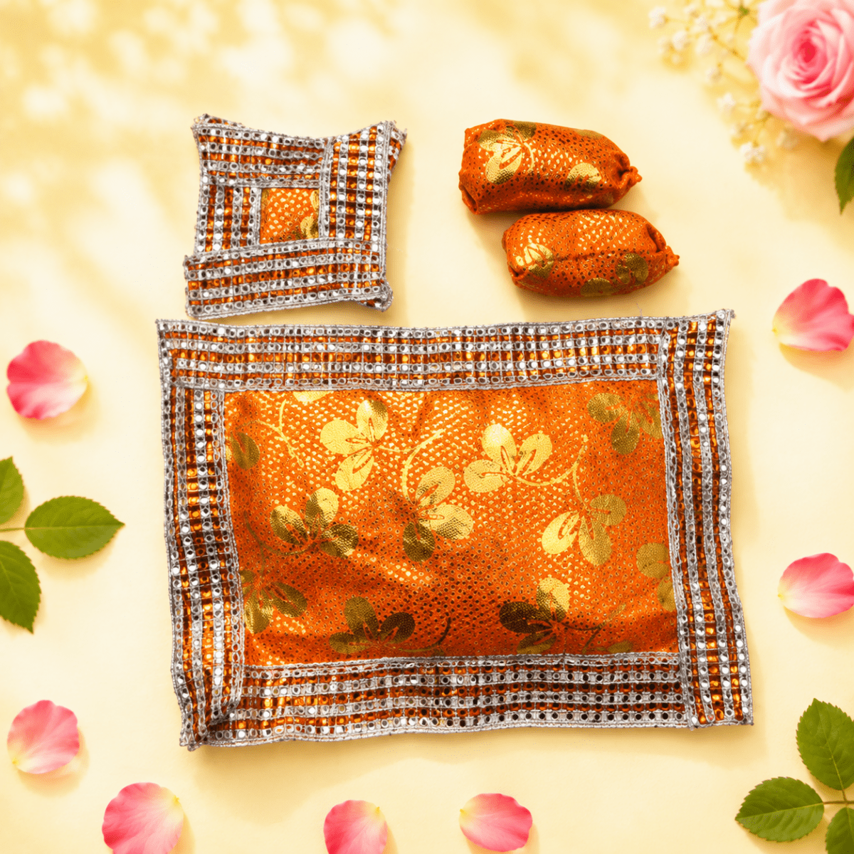Vibrant Orange Brocade Laddu Gopal Bedding Set with Shimmering Lace - JalanJi