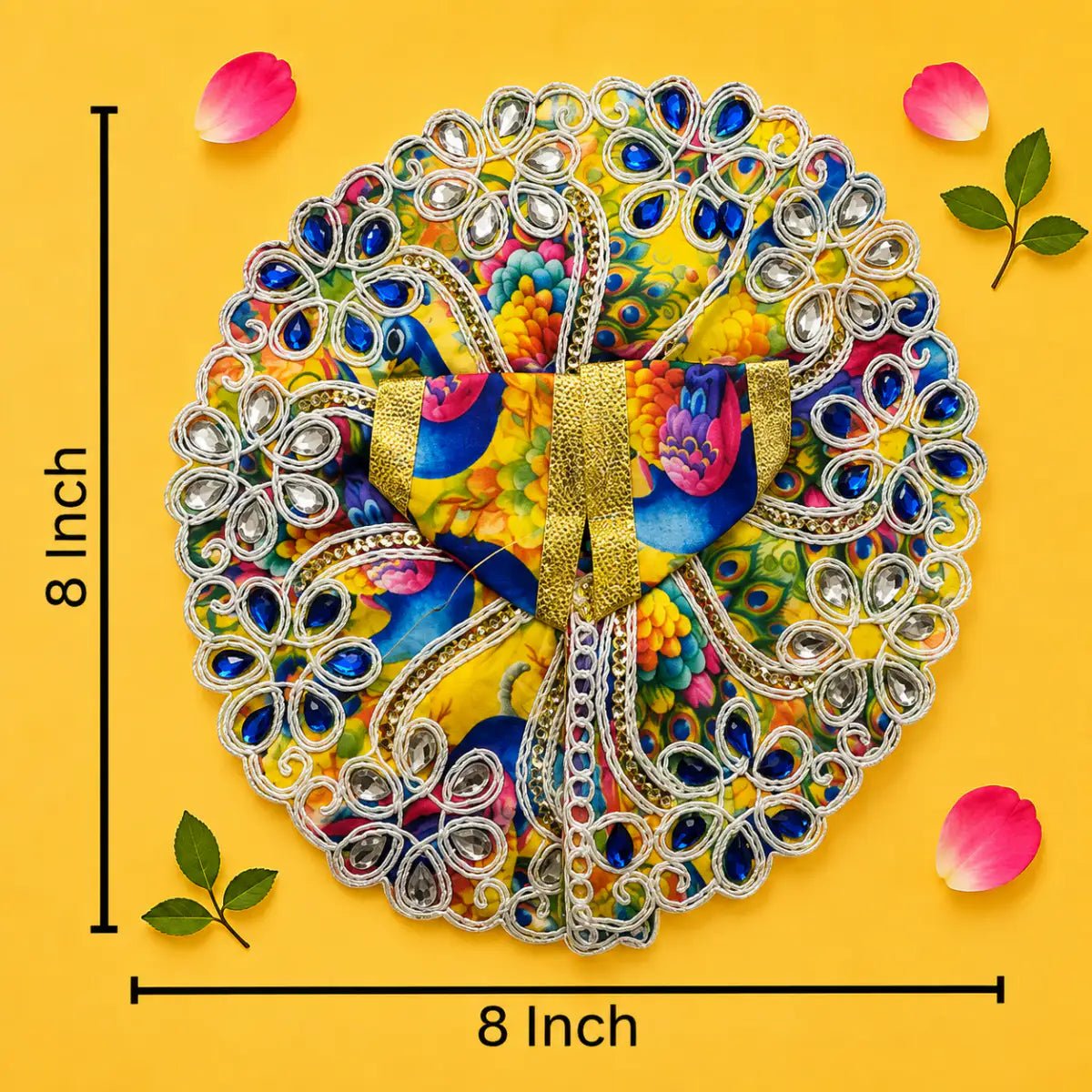 Vibrant Yellow Multicolor Printed Laddu Gopal Poshak with Heavy Blue Stone Work - JalanJi