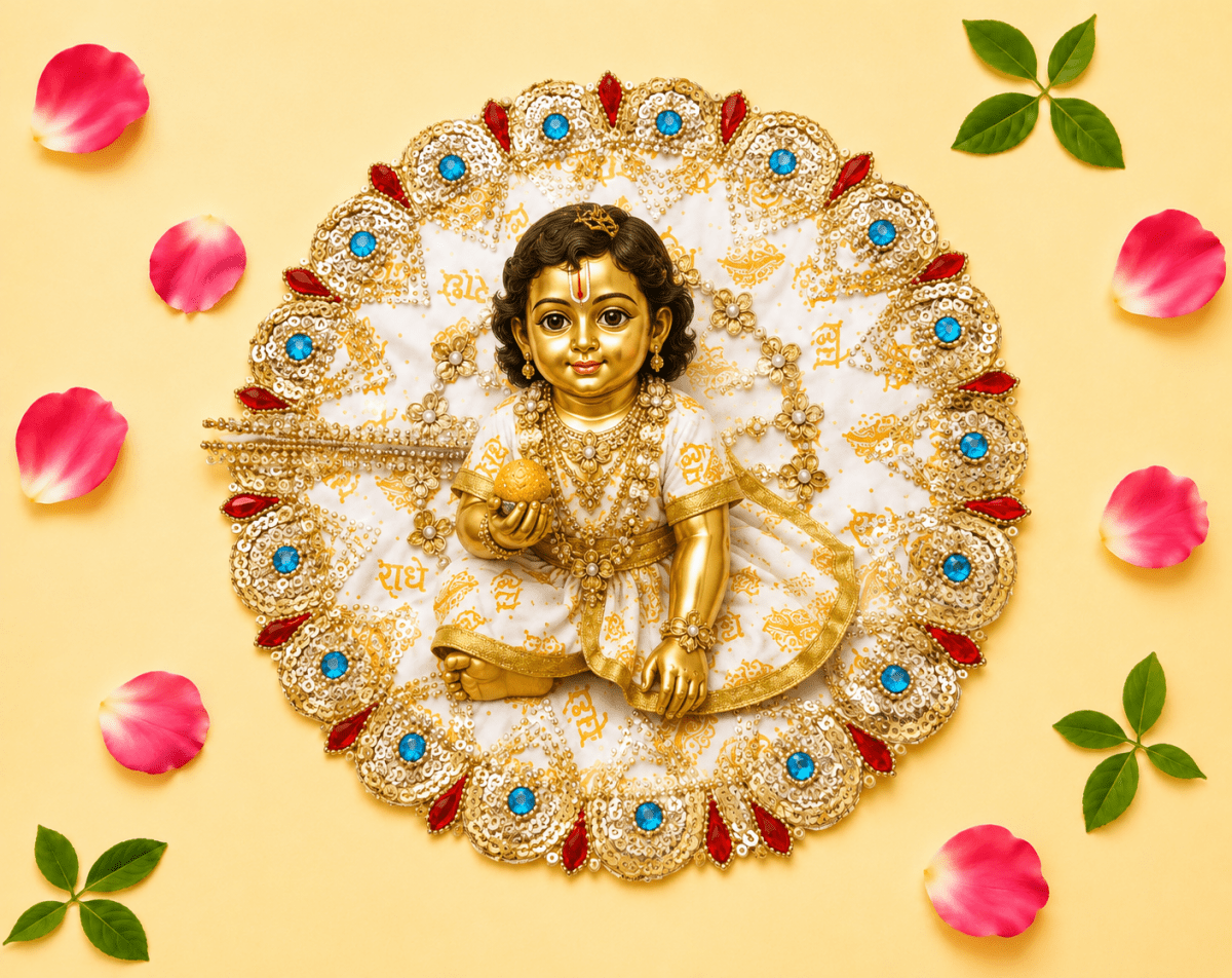 White & Gold "Radhe Radhe" Printed Laddu Gopal Poshak with Heavy Stone Border - JalanJi