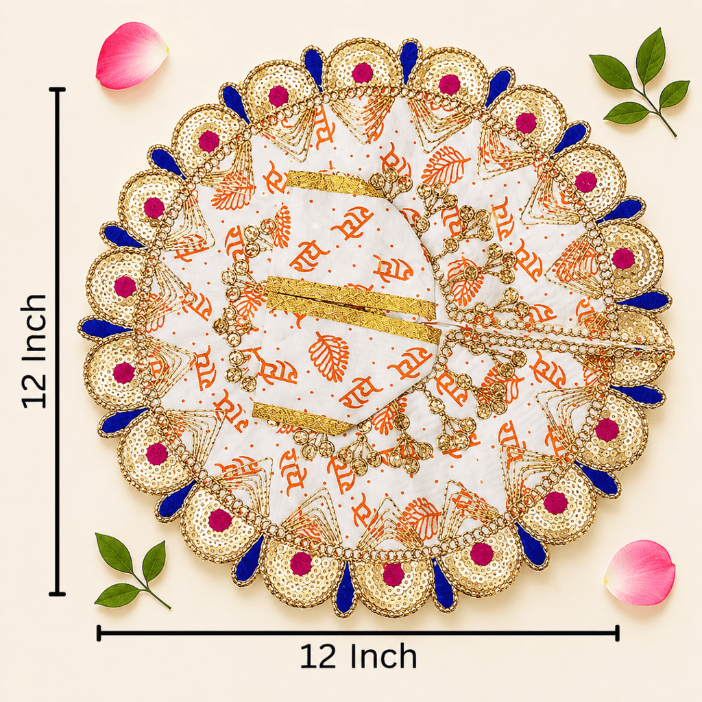 White & Orange"Radhe Radhe" Printed Laddu Gopal Poshak with Heavy Gold & Stone Border - JalanJi