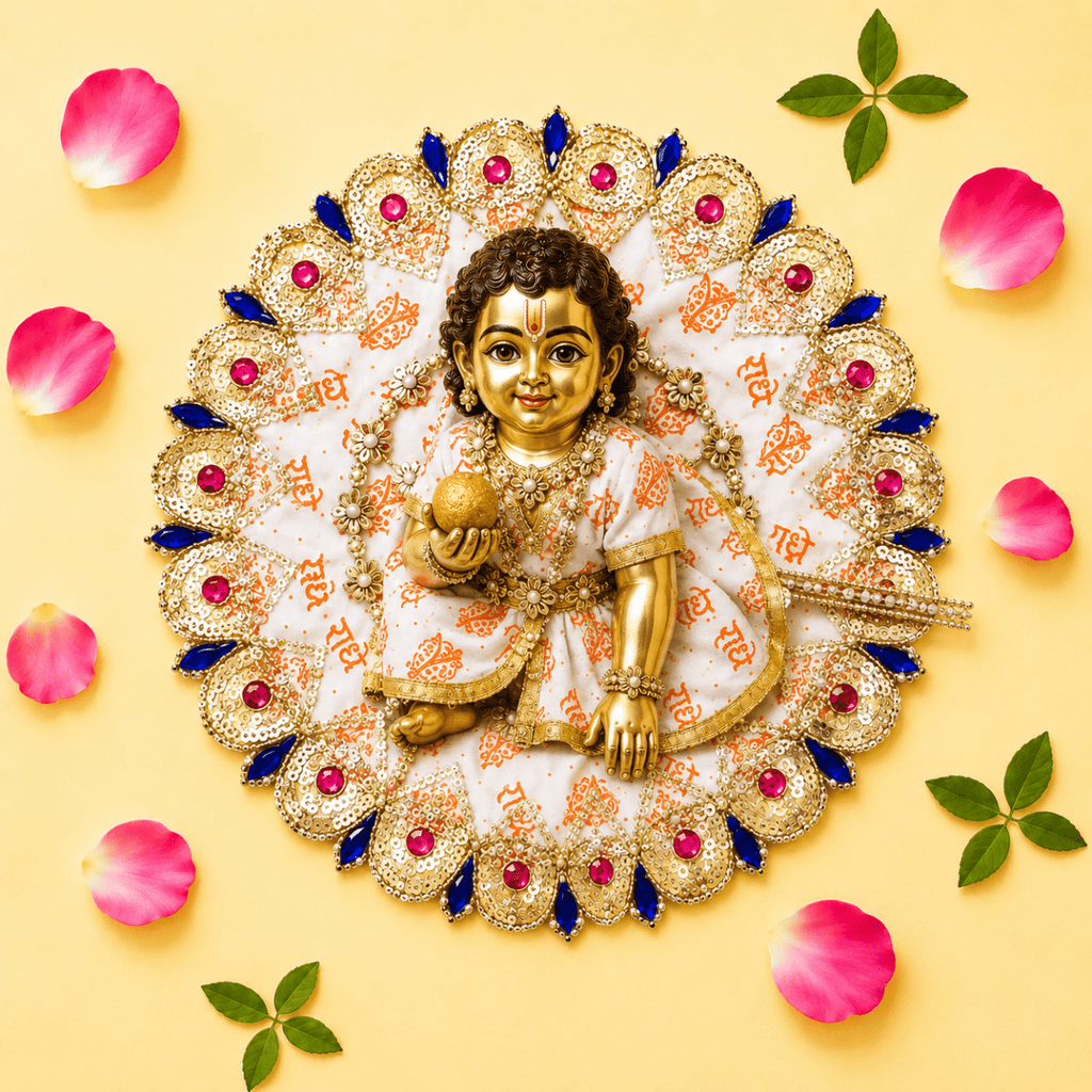 White & Orange"Radhe Radhe" Printed Laddu Gopal Poshak with Heavy Gold & Stone Border - JalanJi