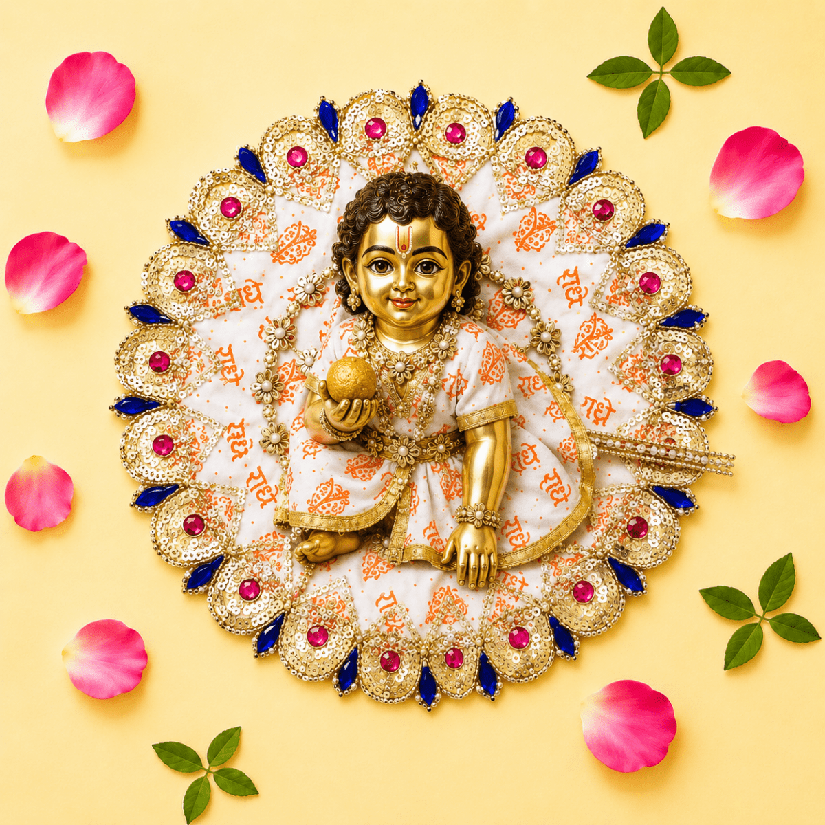 White & Orange"Radhe Radhe" Printed Laddu Gopal Poshak with Heavy Gold & Stone Border - JalanJi