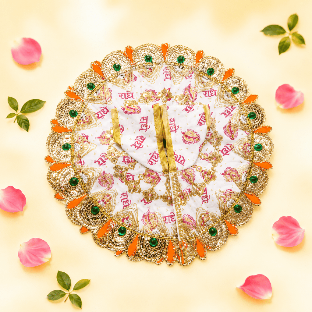 White & Pink "Radhe Radhe" Printed Laddu Gopal Poshak with Heavy Gold & Stone Border - JalanJi