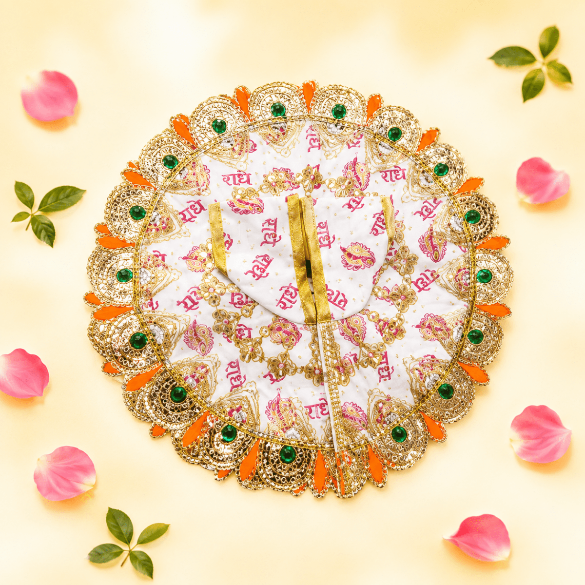 White & Pink "Radhe Radhe" Printed Laddu Gopal Poshak with Heavy Gold & Stone Border - JalanJi
