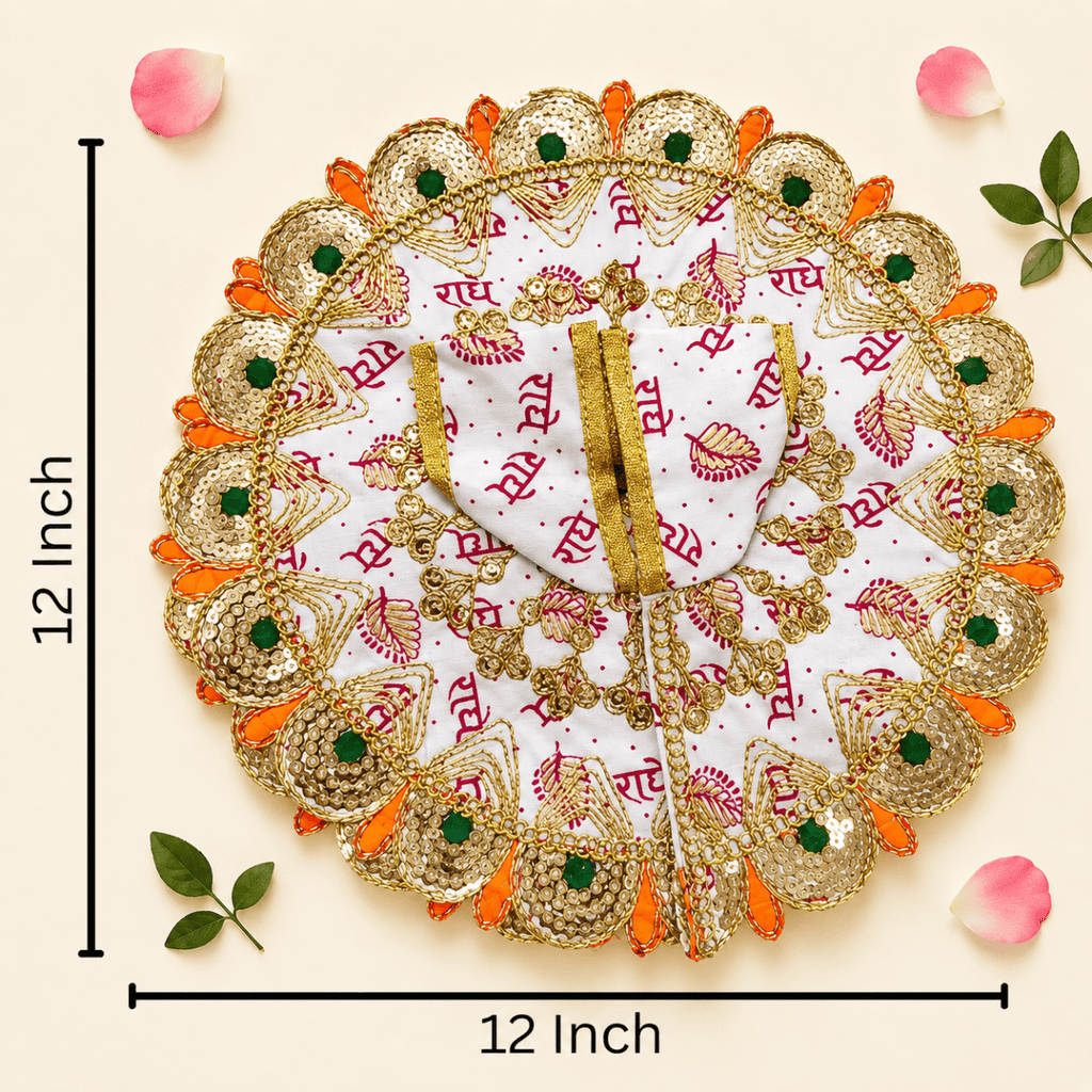 White & Pink "Radhe Radhe" Printed Laddu Gopal Poshak with Heavy Gold & Stone Border - JalanJi