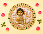White & Red "Radhe Radhe" Printed Laddu Gopal Poshak with Heavy Gold & Stone Border - JalanJi