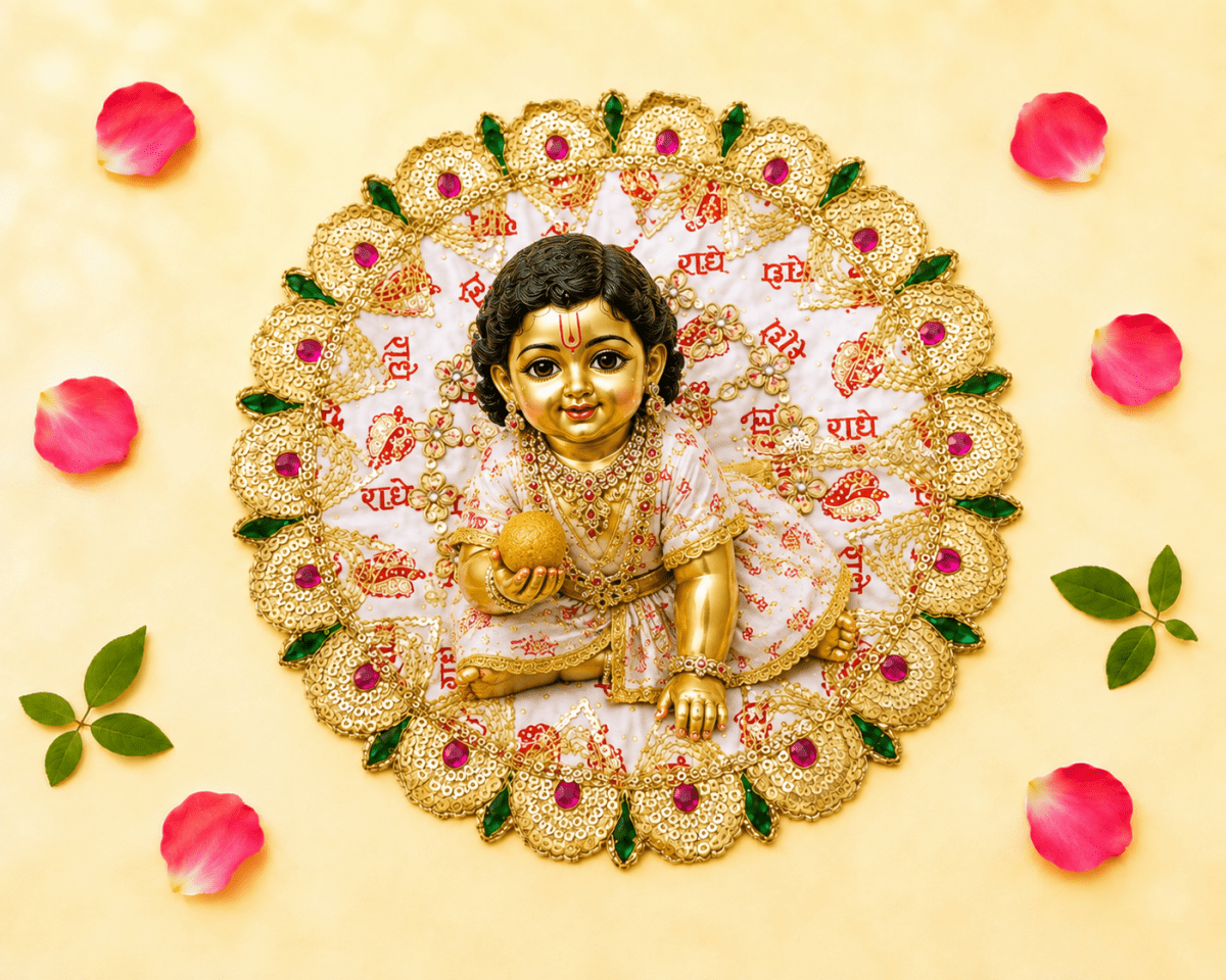 White & Red "Radhe Radhe" Printed Laddu Gopal Poshak with Heavy Gold & Stone Border - JalanJi
