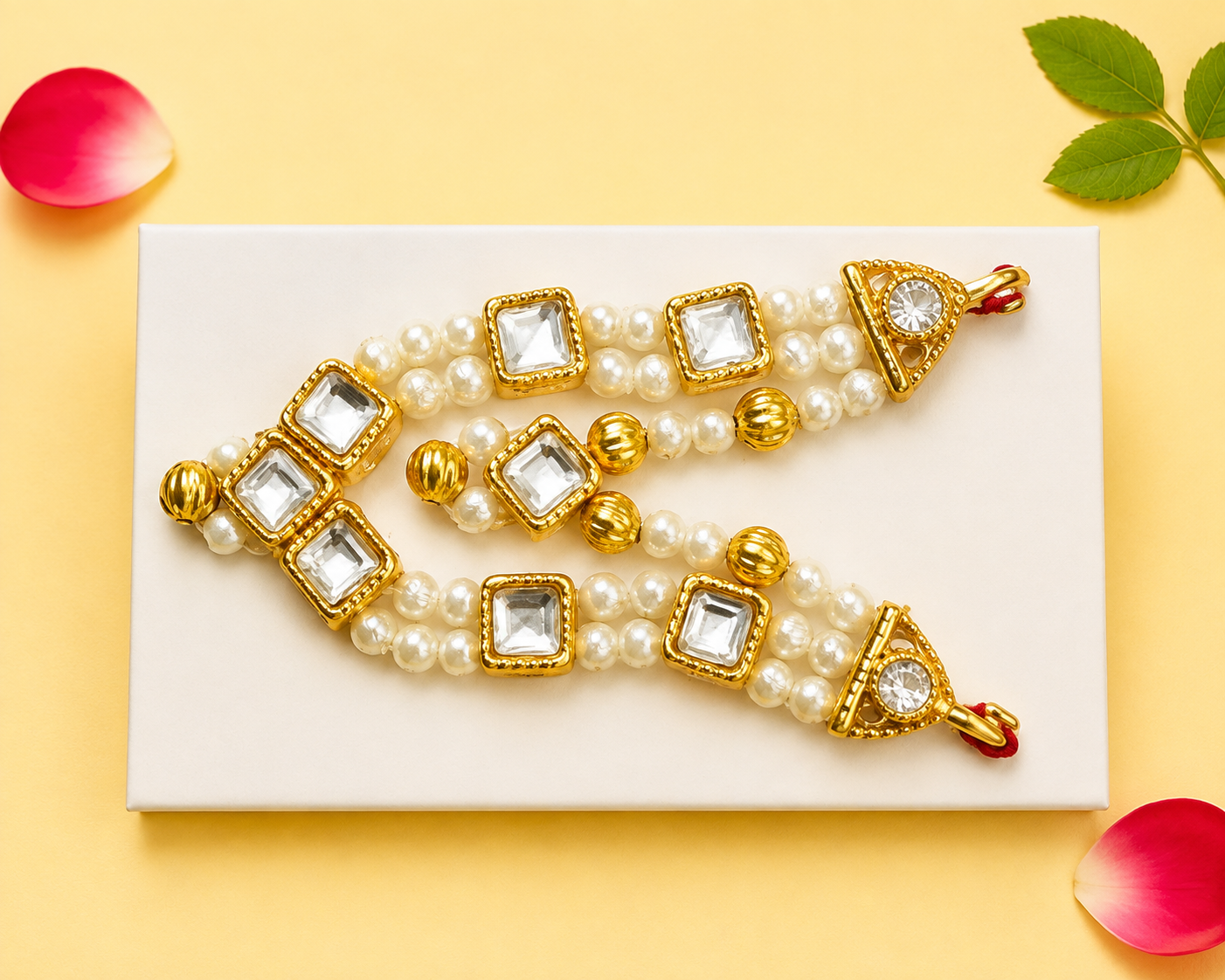 2-Tier Pearl & Square Kundan Kanha Ji Mala - White & Gold