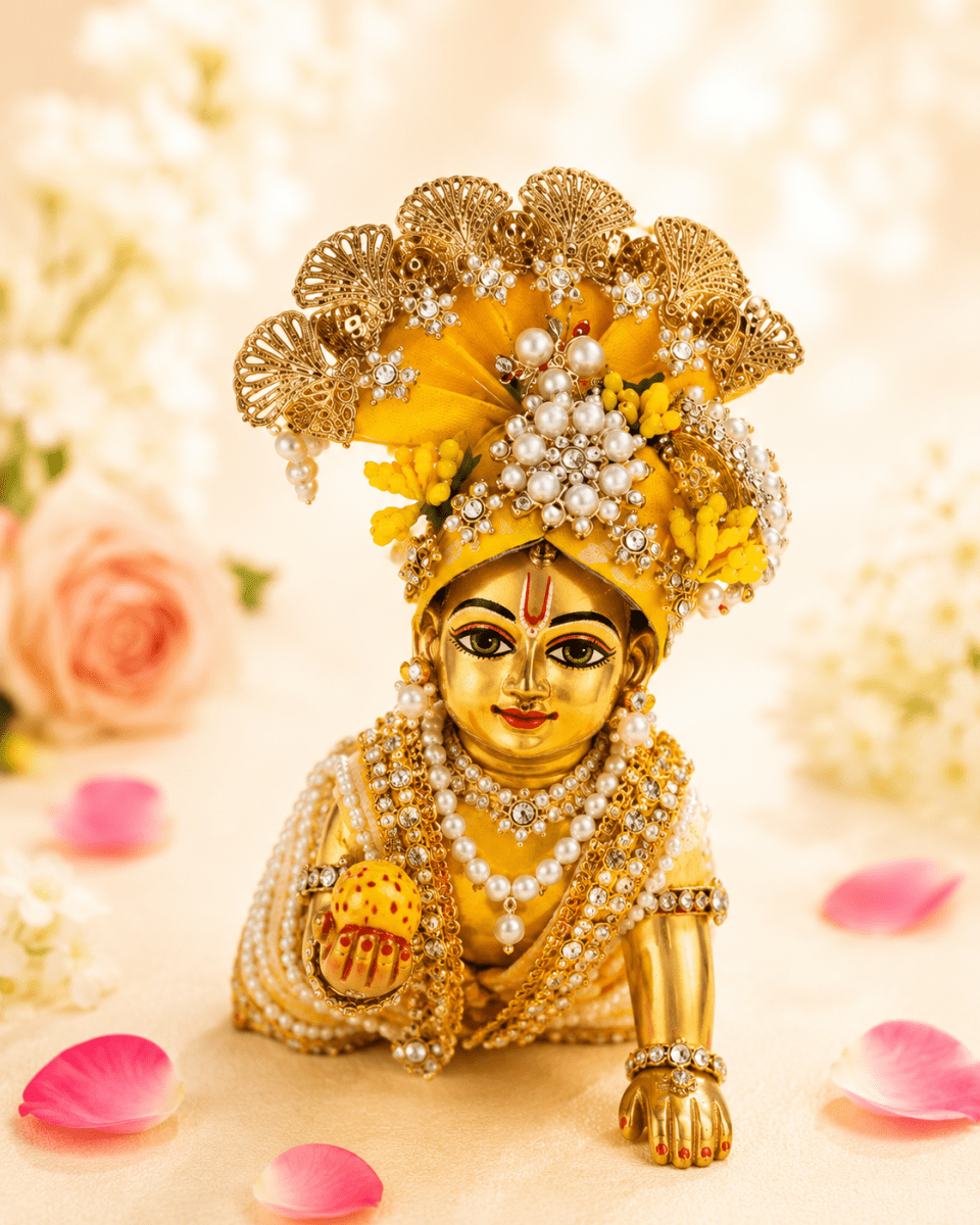 Yellow Pearl & Crystal Embellished - Laddu Gopal Mukut - JalanJi
