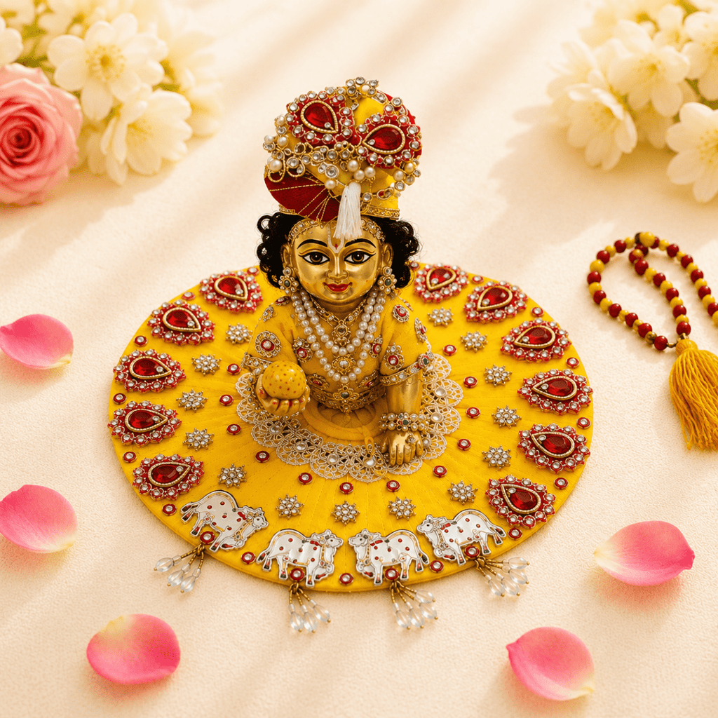 Yellow & Red Embroidered Cow Motif Ladoo Gopal Poshak Set - JalanJi