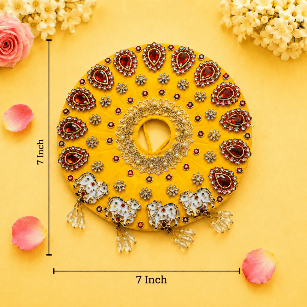 Yellow & Red Embroidered Cow Motif Ladoo Gopal Poshak Set - JalanJi