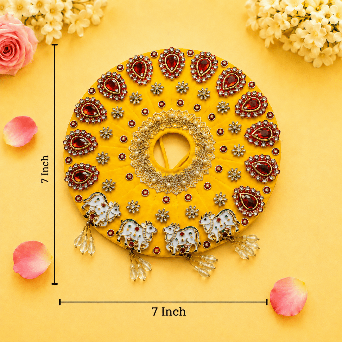 Yellow & Red Embroidered Cow Motif Ladoo Gopal Poshak Set - JalanJi