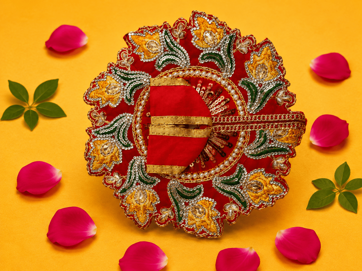Zari Floral Laddu Gopal Poshak Set with Choli - Red & Yellow (Size 4) - JalanJi