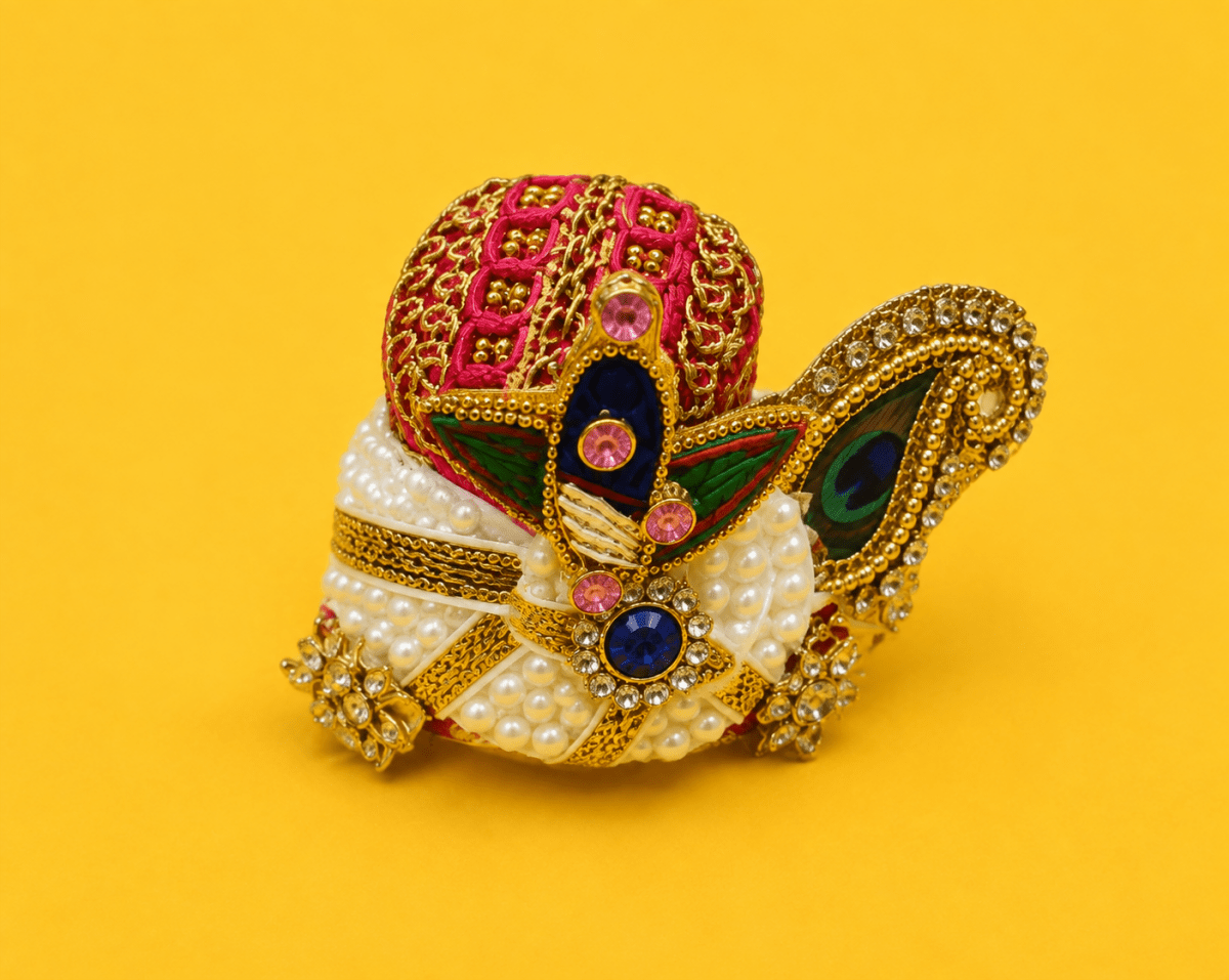 Zari Work Mor Pankh Pagdi for Laddu Gopal - Magenta Pink & Gold (Size 2) - JalanJi